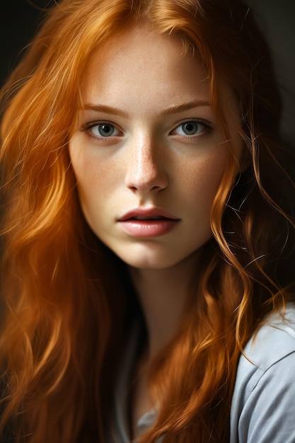 Mujer con cabello rojo y ojos azules está mirando a la cámara IA generativa