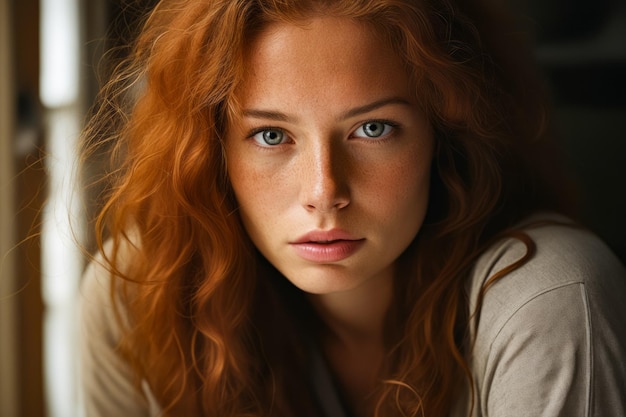 Mujer con cabello rojo y ojos azules mirando a la cámara IA generativa