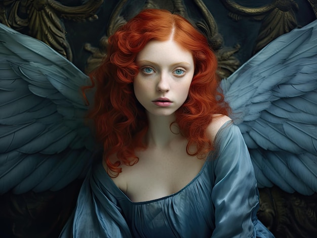 una mujer con cabello rojo y ojos azules con un vestido azul con alas