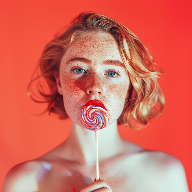 Mujer de cabello rojo y pecas sosteniendo un caramelo