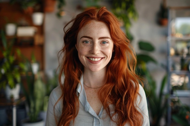 Foto una mujer de cabello rojo sonriendo y sonriendo