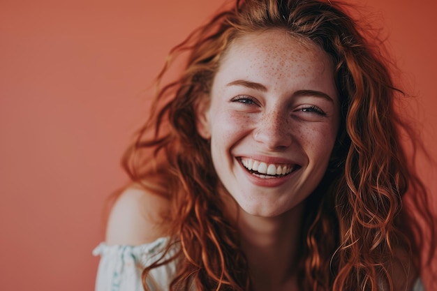 Una mujer de cabello rojo sonriendo