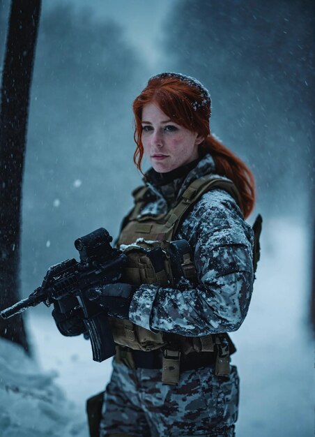 una mujer de cabello rojo sosteniendo un arma en la nieve