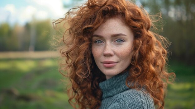 una mujer con el cabello rojo y un suéter gris está posando para una foto