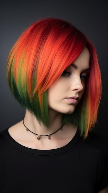 Mujer con cabello rojo verde y naranja