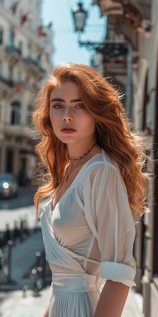 una mujer con el cabello rojo y un vestido blanco está de pie frente a un edificio