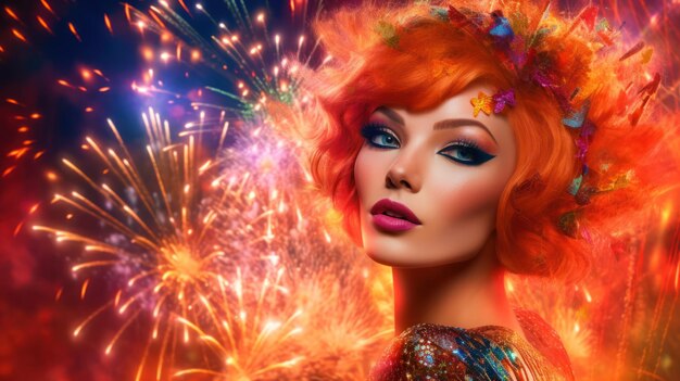 Una mujer con cabello rojo y un vestido colorido con fuegos artificiales en el fondo