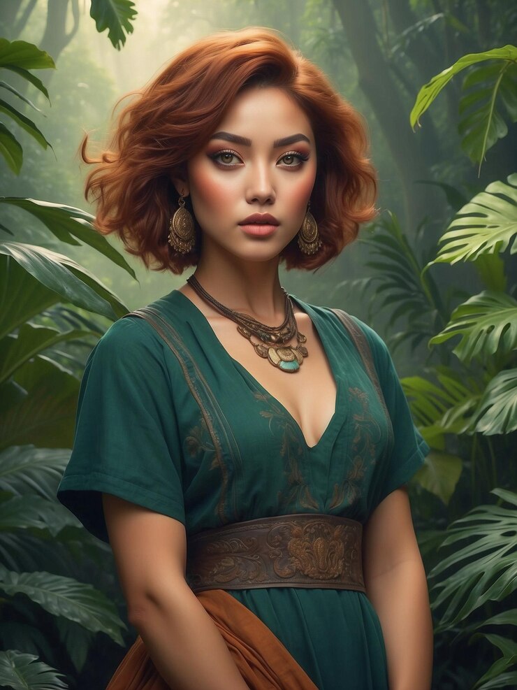 una mujer de cabello rojo y un vestido verde con un collar de oro en la jungla