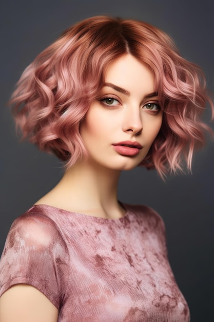 Una mujer con cabello rosa y un bob rosa.