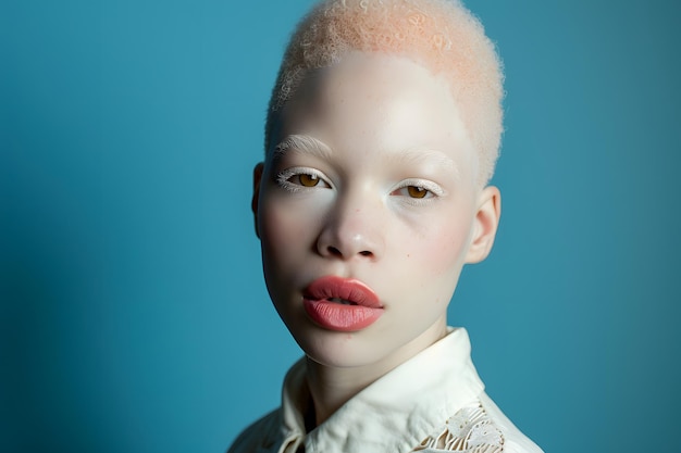 Mujer con cabello rosa y camisa blanca 13 de junio Día Internacional de Concienciación sobre el Albinismo