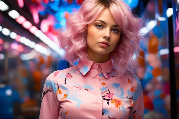 Una mujer con cabello rosa y camisa rosa está posando AI generativa