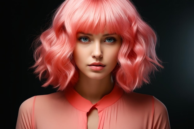 Foto mujer con cabello rosa y camisa rosa en ia generativa