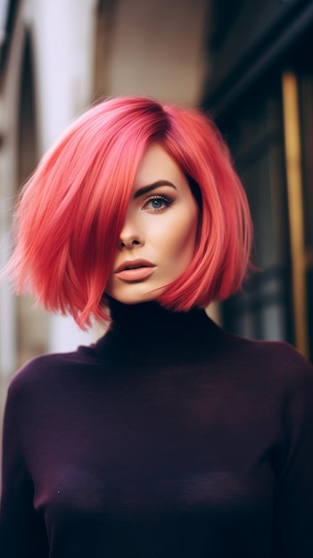 Foto mujer con cabello rosa y camiseta negra