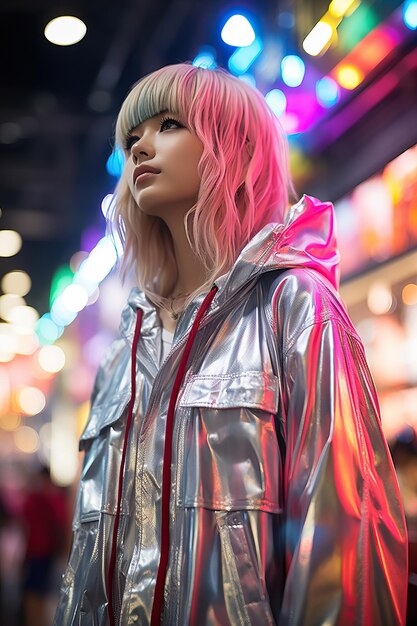 una mujer con cabello rosa y una chaqueta plateada