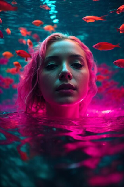 una mujer con cabello rosa está nadando en un tanque de peces