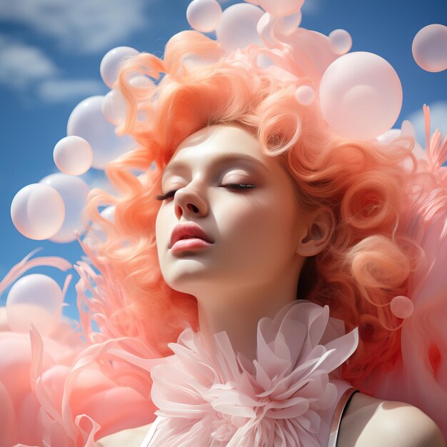 Una mujer con cabello rosa y flores rosas.