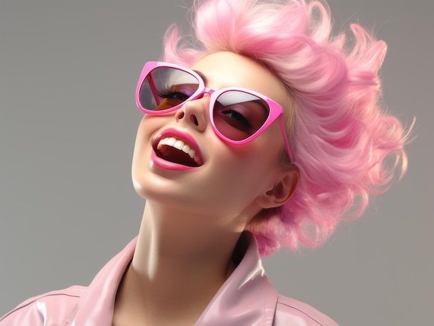 Una mujer con cabello rosa y lentes de sol rosas.