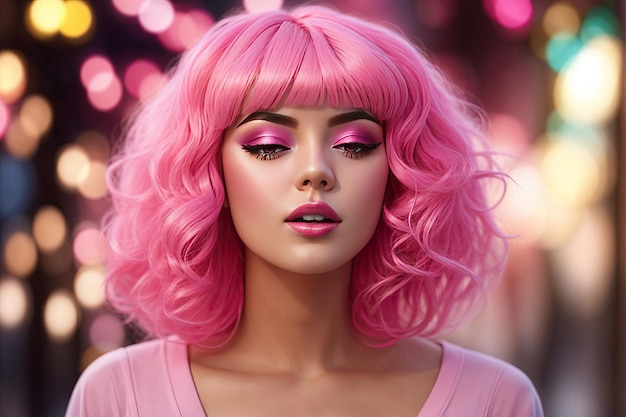 Una mujer con cabello rosa maquillaje brillante sobre fondo borroso