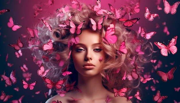 Una mujer con cabello rosa y mariposas en la cabeza.