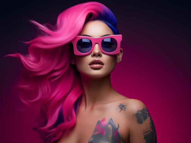 Una mujer con cabello rosa y negro.