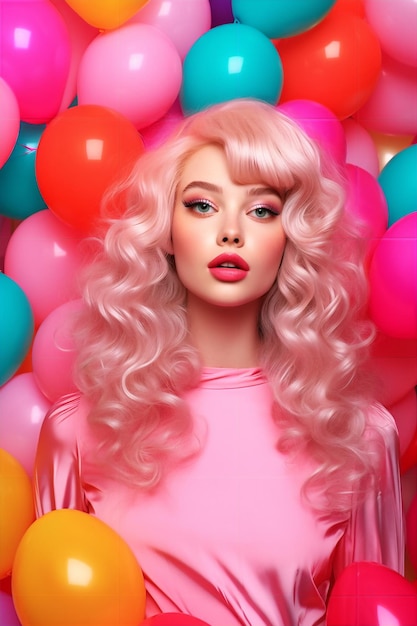 Una mujer con cabello rosa y una peluca rosa se para frente a los globos.