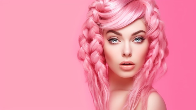 Una mujer con cabello rosa y peluca rosa.