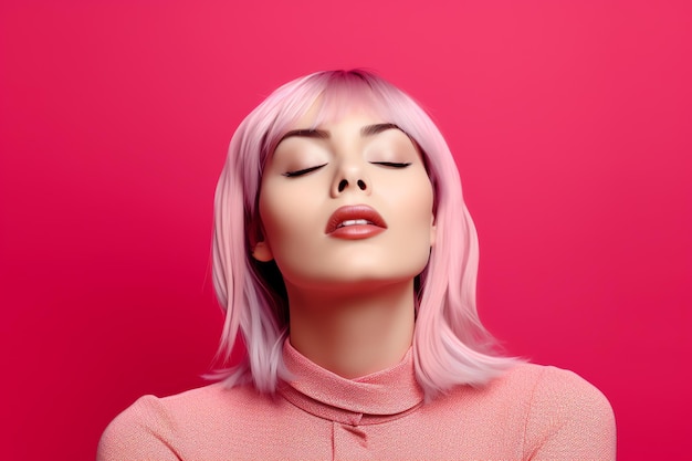 Una mujer con cabello rosa y peluca rosa.