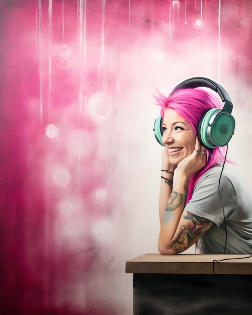 una mujer con el cabello rosa usando auriculares