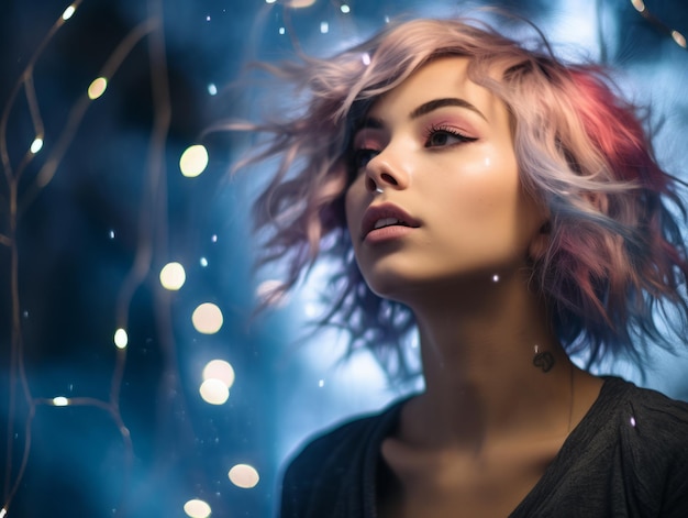 Foto una mujer con cabello rosado frente a las luces