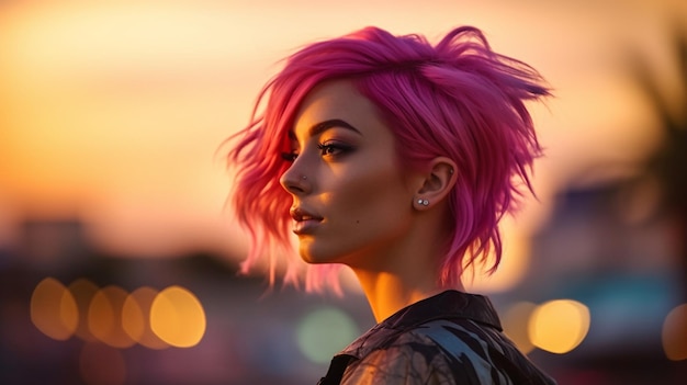 Una mujer con cabello rosado se para frente a una puesta de sol.