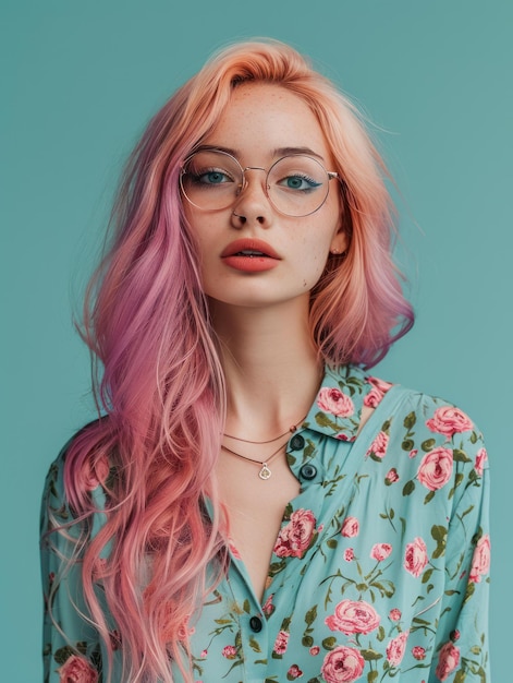 una mujer con cabello rosado y gafas