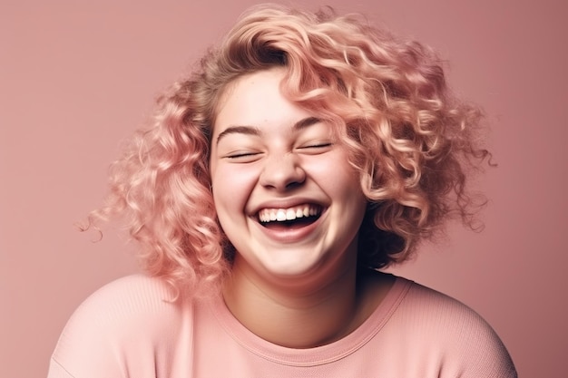 Una mujer con cabello rosado sonríe y sonríe.