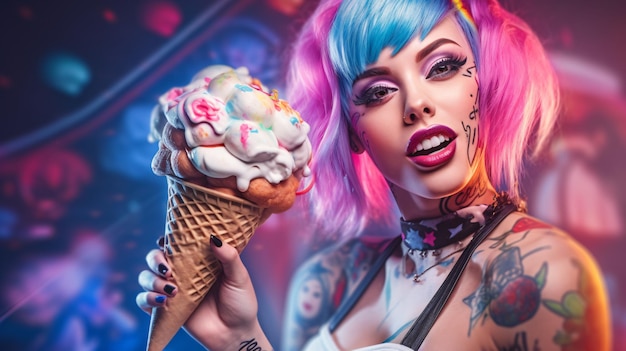 Una mujer con cabello rosado y un tatuaje sosteniendo un cono de helado