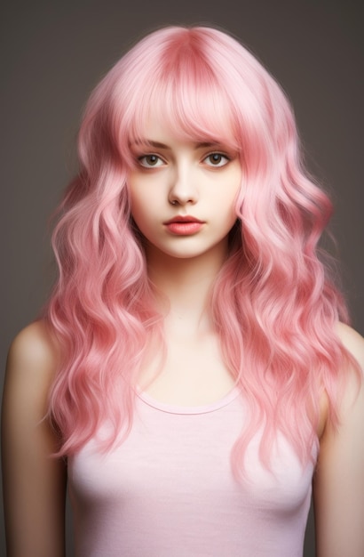 Una mujer con cabello rosado.