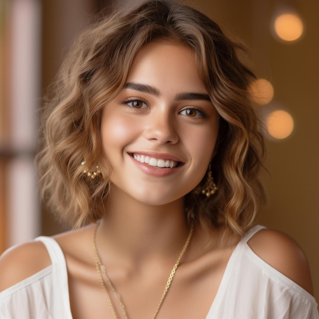 una mujer con cabello rubio y una camisa blanca está sonriendo.