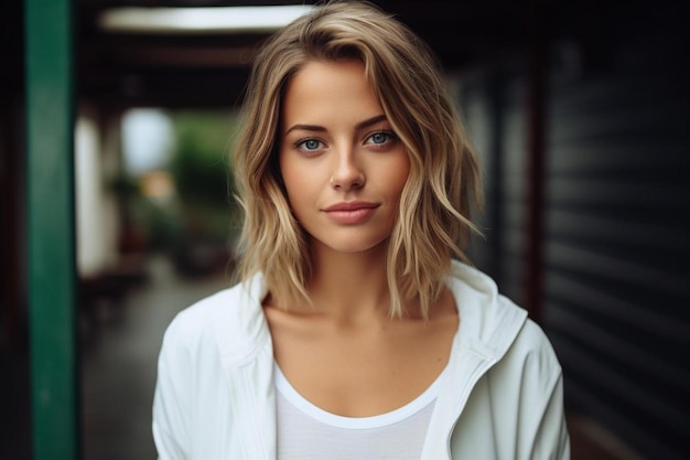 una mujer con cabello rubio y una camisa blanca