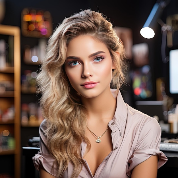 una mujer de cabello rubio y camisa rosa está sentada frente a un bar.