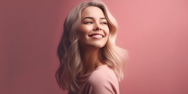 Una mujer con cabello rubio y una camisa rosa está sonriendo.