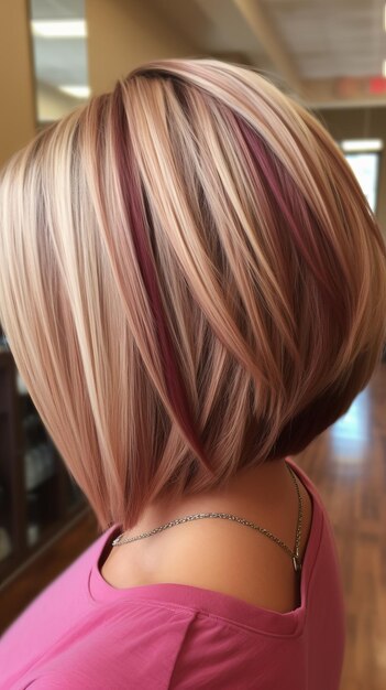 Foto mujer con cabello rubio y camisa rosa