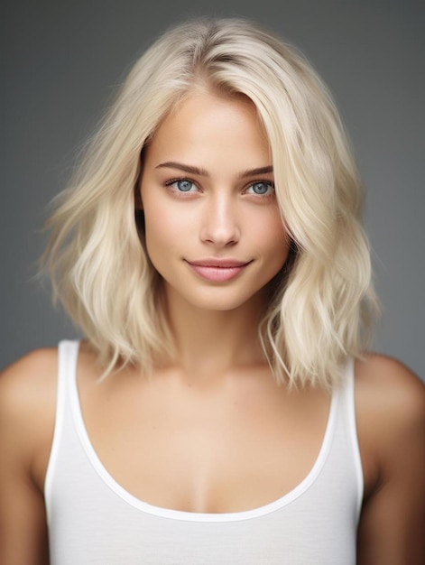 una mujer con cabello rubio y una camiseta blanca