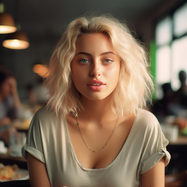 una mujer con cabello rubio y un collar en el cuello