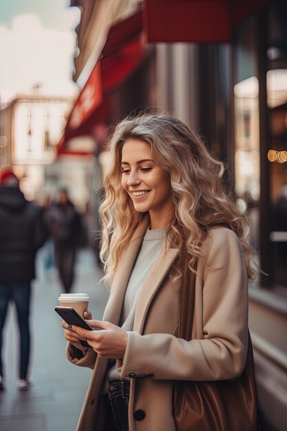 una mujer con cabello rubio está mirando su teléfono