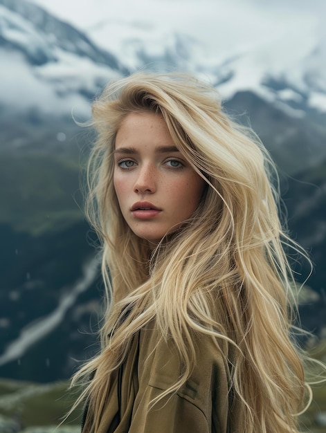 una mujer con cabello rubio frente a una montaña