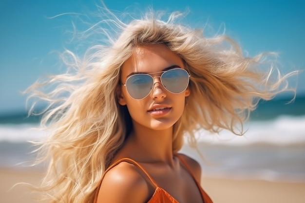 una mujer con cabello rubio con gafas de sol en una playa