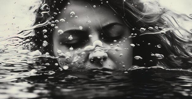 una mujer con el cabello rubio largo y una foto en blanco y negro de una mujer en el agua