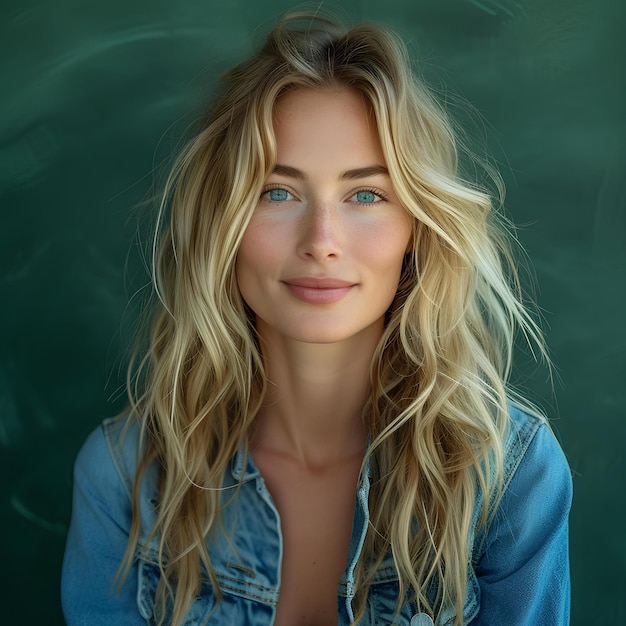 Una mujer con cabello rubio largo y ojos azules posando para una foto frente a un fondo de pizarra