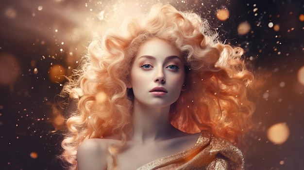 Una mujer con cabello rubio y una luz dorada.