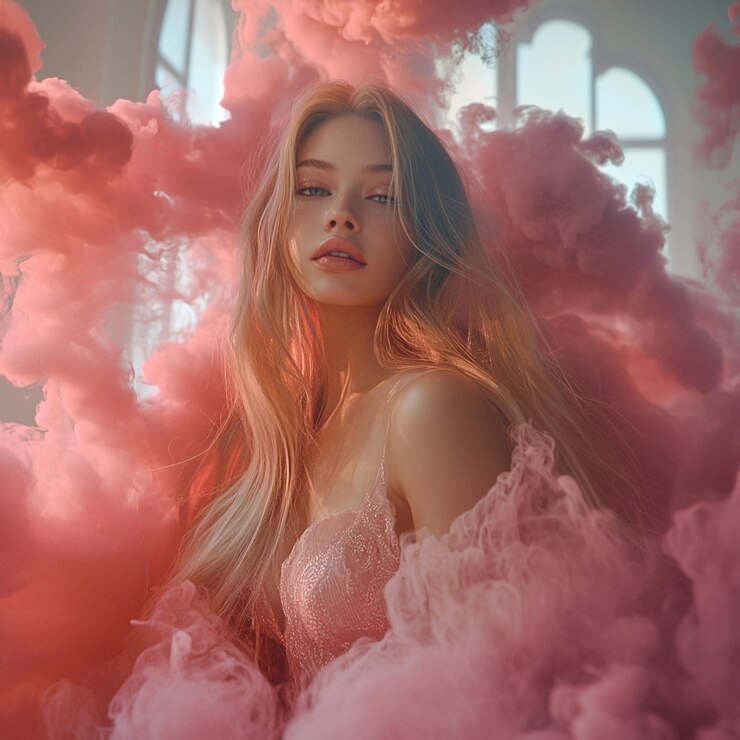una mujer con cabello rubio y una nube rosa en el fondo
