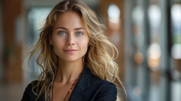 Mujer con cabello rubio y ojos azules posando con IA generativa