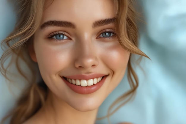 Mujer con cabello rubio y ojos azules sonríe para la foto